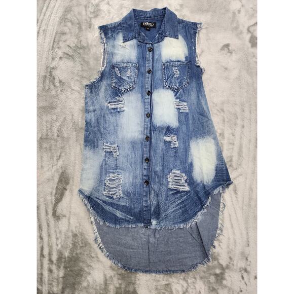 Thrill Jeans Top Womens M Blue Ripped Bleached High Low Tunic Button Up Grunge - Picture 1 of 8